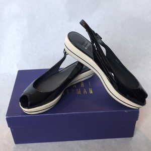 Stuart Weitzman patent open toe sling back shoes